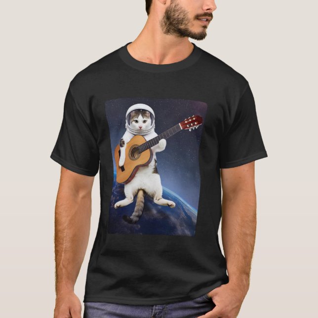 Astronaut Katt Flytande i Rymden Spelar Gitarr Kat T Shirt (Framsida)