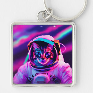 astronaut-katt fyrkantig silverfärgad nyckelring