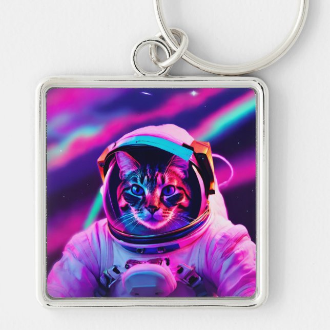 astronaut-katt fyrkantig silverfärgad nyckelring (Framsidan)