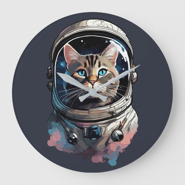 Astronaut Katt I Rymden Akvarell Konst Stor Klocka (Framsida)