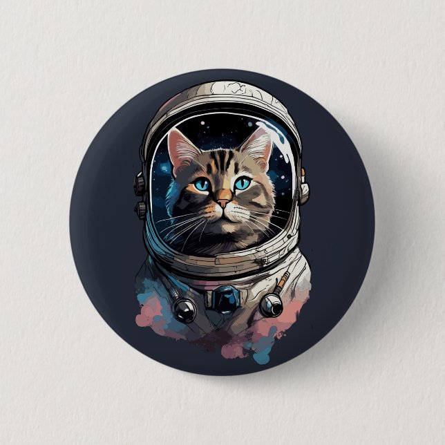 Astronaut Katt I Rymden Vattenfärgskonst Knapp (Framsida)