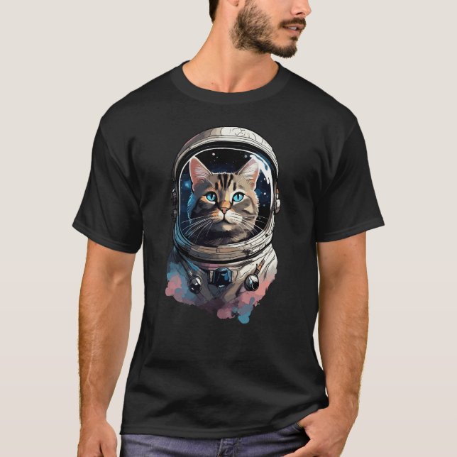 Astronaut Katt I Rymden Vattenfärgskonst T Shirt (Framsida)