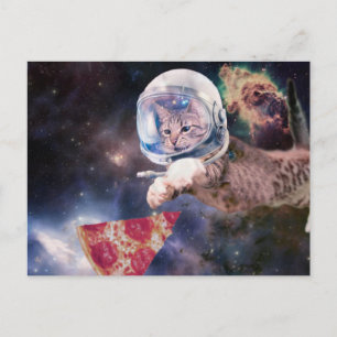 Astronaut katt jagar en pizzaslice vykort