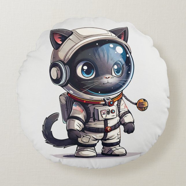 Astronaut Katt Rund Kudde (Framsidan)