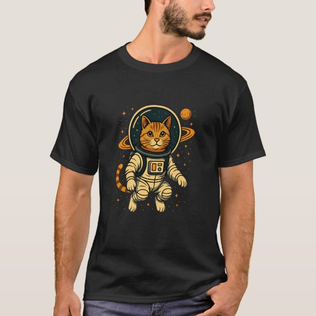 Astronaut Katt Rymdäventyr Rollig Kosmisk T Shirt (Framsida)