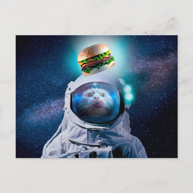 Astronaut-katt som önskar en hamburgare vykort (Framsida)