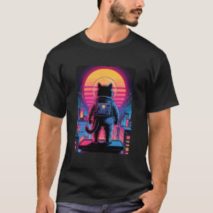 Astronaut Katt Stad Solnedgång Retro Skyline Synth T Shirt