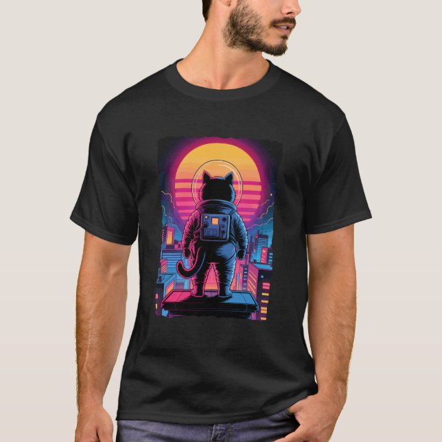 Astronaut Katt Stad Solnedgång Retro Skyline Synth T Shirt (Framsida)