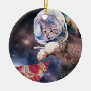 Astronaut-kattjakt på ett pizzasuccat julgransprydnad keramik
