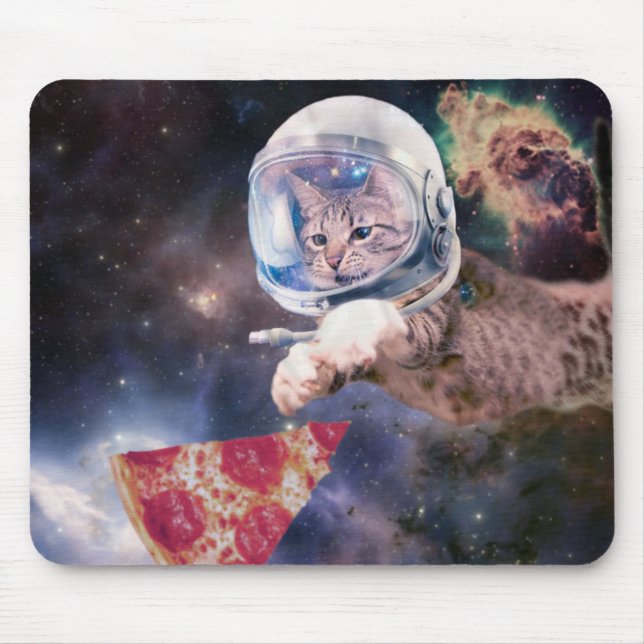 Astronaut-kattjakt på ett pizzasuccat musmatta (Framsidan)
