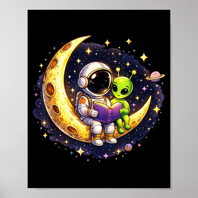 Astronaut läser bok för utomjording månens rymd poster (Framsidan)
