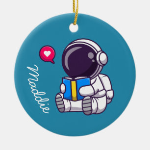 Astronaut läser söta barn i bok julgransprydnad keramik