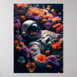 Astronaut ljugande i färgade blommor poster