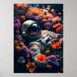 Astronaut ljugande i färgade blommor poster