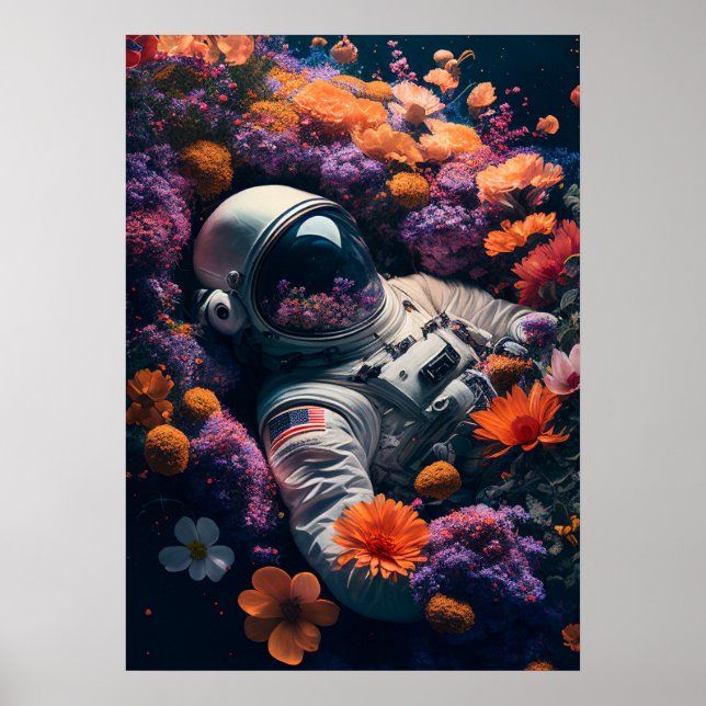 Astronaut ljugande i färgade blommor poster (Framsidan)