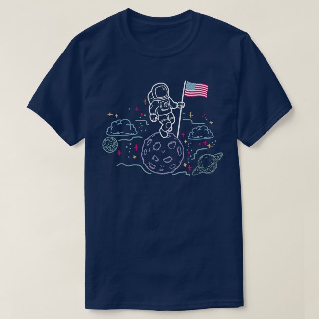 Astronaut Måne Amerikanska Flagga Space 4:e J T Shirt (Design framsida)