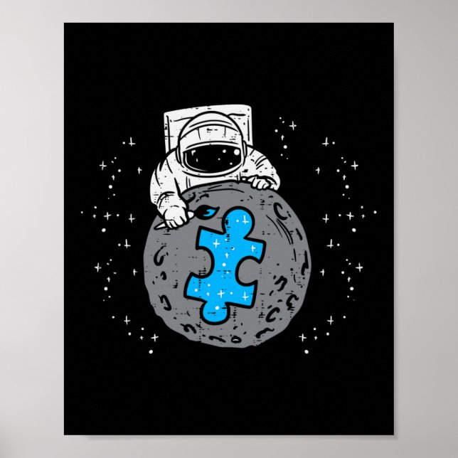 Astronaut Måne Blå Pusselbit Autism Medvetenhet  Poster (Framsidan)