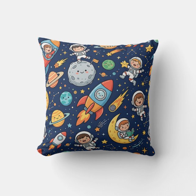 Astronaut Måne Raket Kastkudde Kudde (Framsida)