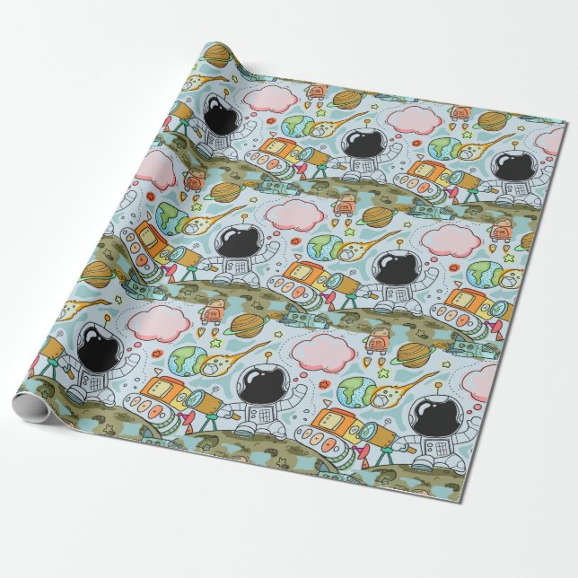 Astronaut Måne Walk Födelsedagsfest Tema Presentpapper (Utrullad)