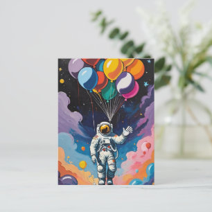 Astronaut med färgstarka ballonger i rymden vykort