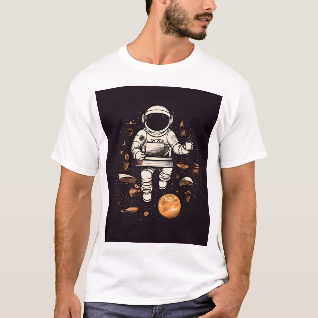Astronaut med kopp på kaffe tryckt på T-shirt (Framsida)