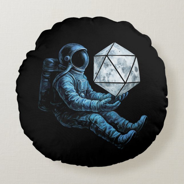 Astronaut med mån-d20 rund kudde (Framsidan)