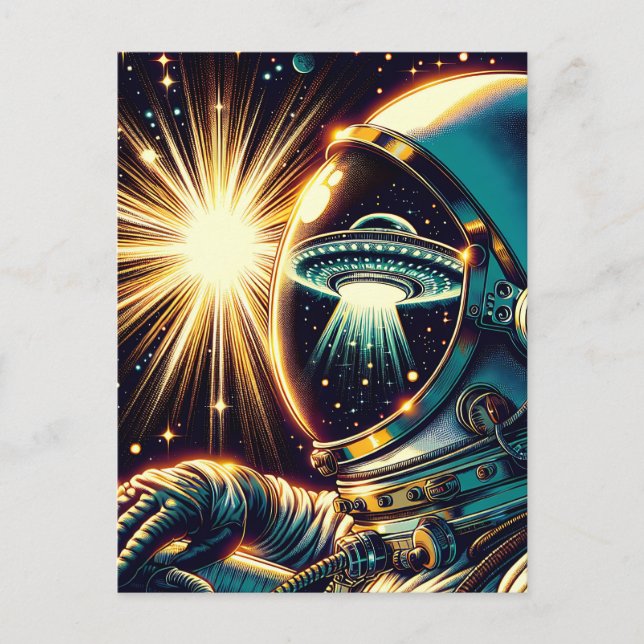 Astronaut med reflektion av en UFO Vykort (Framsida)