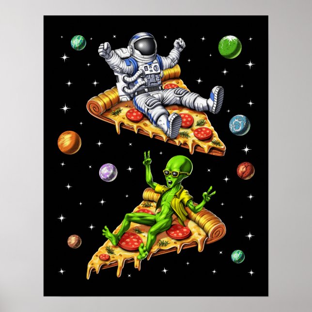 Astronaut och Alien Riding Pizza Poster (Framsidan)