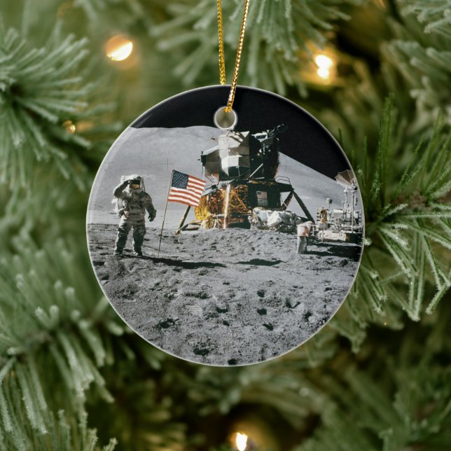 Astronaut och amerikanska Flagga Apollo Måne Uppdr Julgransprydnad Keramik (Träd)