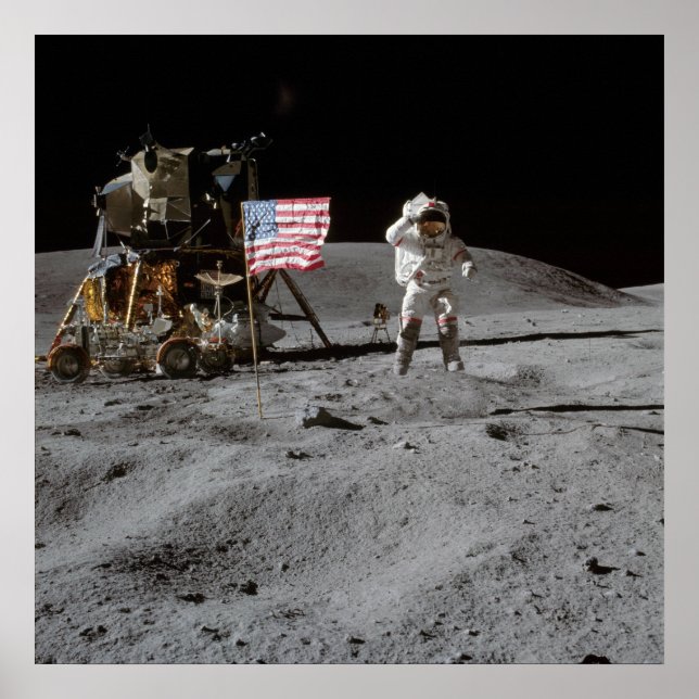 Astronaut och amerikanska Flagga Apollo Måne Uppdr Poster (Framsidan)