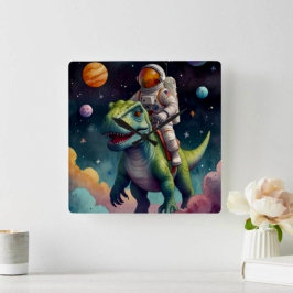 Astronaut on Dino in Space Fyrkantig Klocka