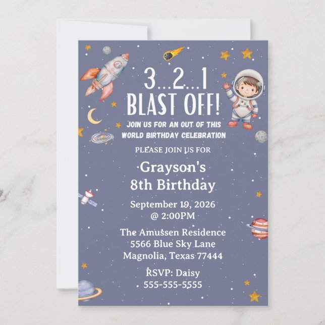 Astronaut Outer Space Boy Birthday Invitation Inbjudningar (Framsida)