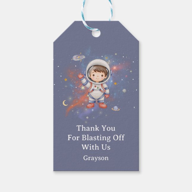 Astronaut Outer Space Boy Birthday Thank You Presentetikett (Framsidan)