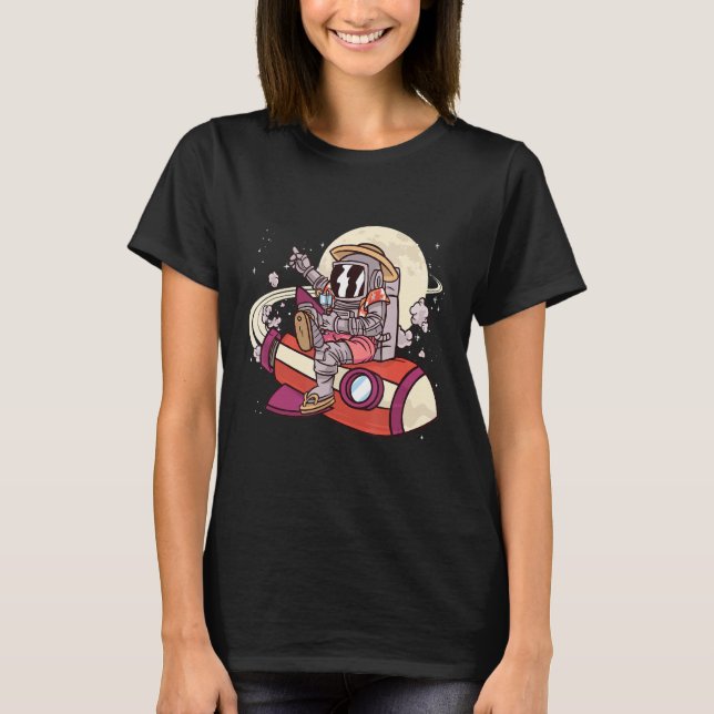 Astronaut på Helgdag Space Rocket Måne T Shirt (Framsida)