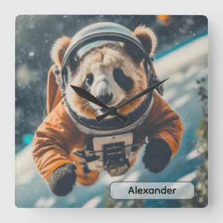 Astronaut Panda i rymden Surrealistisk djur barnka Fyrkantig Klocka