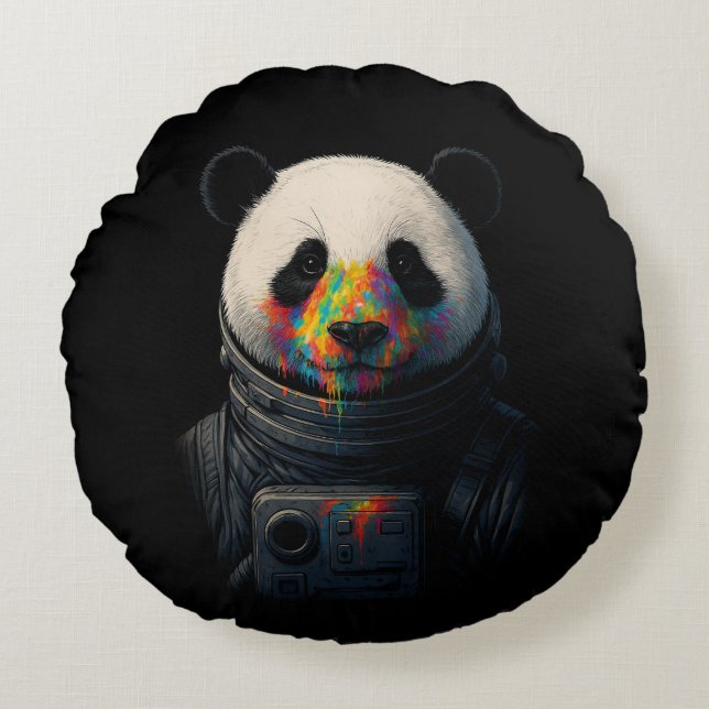 Astronaut Panda med neonfärgssprut  Rund Kudde (Framsidan)