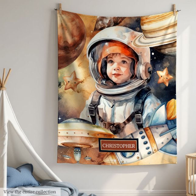 Astronaut & Planets Namn Blanket - Gått för pojken Fleecefilt (Astronaut & Planets Name Blanket – Gift for Boy

)