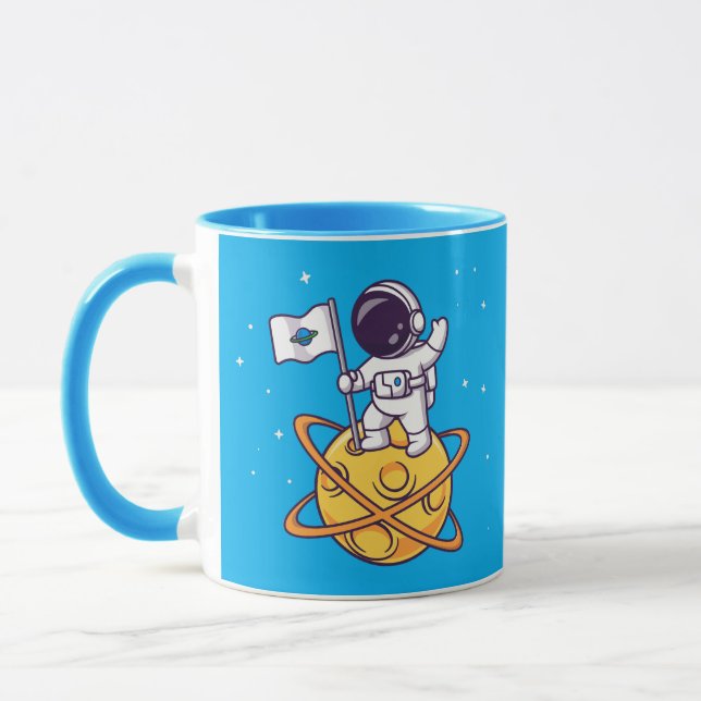 Astronaut planterar flagga på gul planet mugg (Vänster)