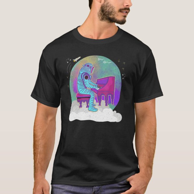 Astronaut Playing Piano On A Cloud In Outer Space  T Shirt (Framsida)