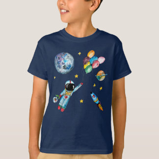Astronaut Rainbow Balloons Rocket Space Watercolor T Shirt