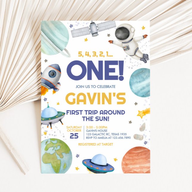 Astronaut Resa runt Sol födelsedag Inbjudningar (Astronaut First Trip Around the Sun Birthday Party Invitation)