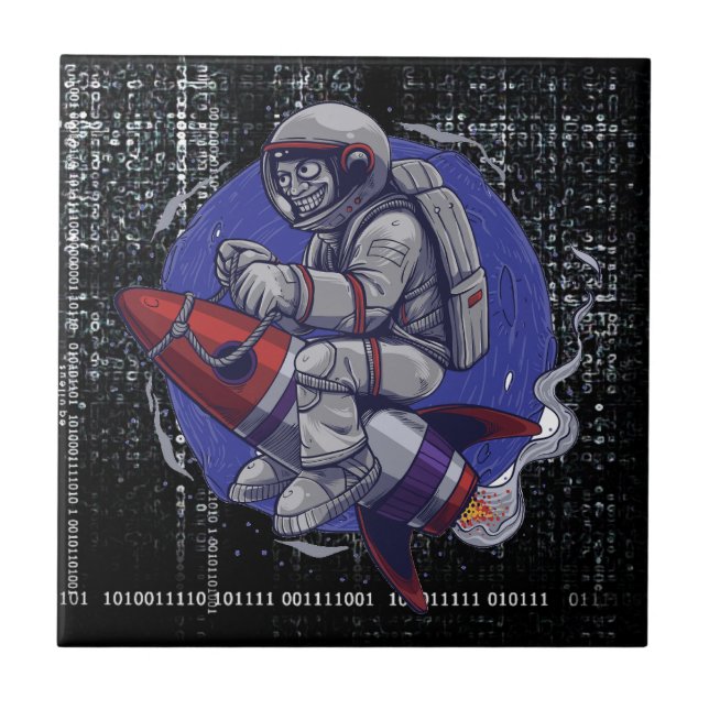 Astronaut Rides a Rocket - Witty Retro Space Kakelplatta (Framsidan)