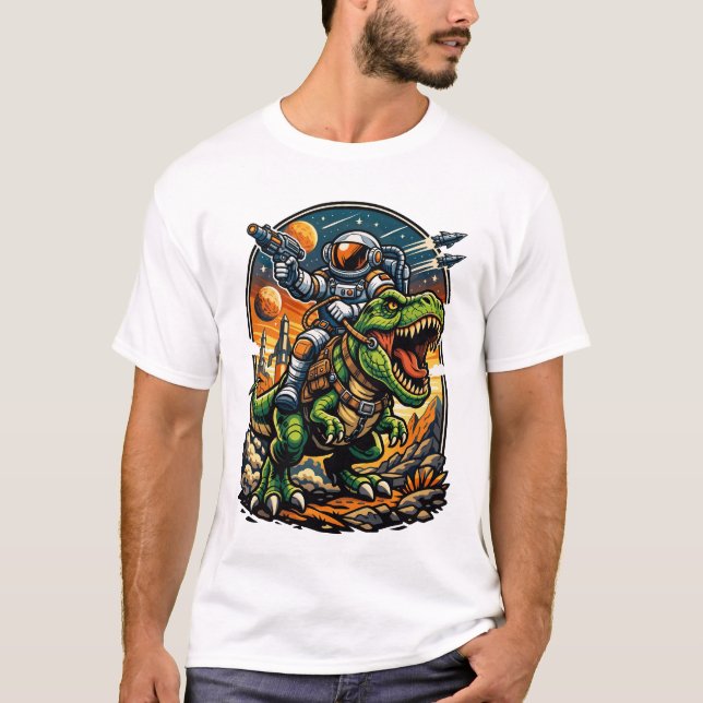 Astronaut Riding a T-Rex – Epic Space Dinosaur T Shirt (Framsida)