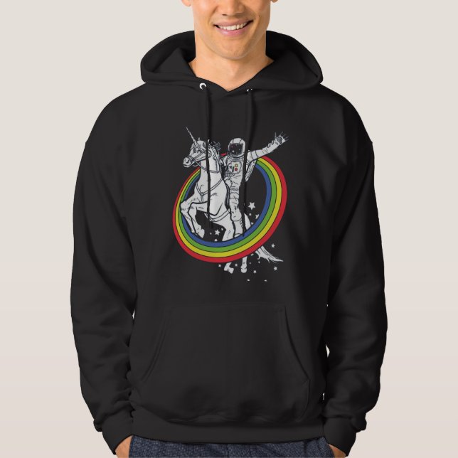 Astronaut Riding Unicorn, Funny Rymden Hoodie (Framsida)