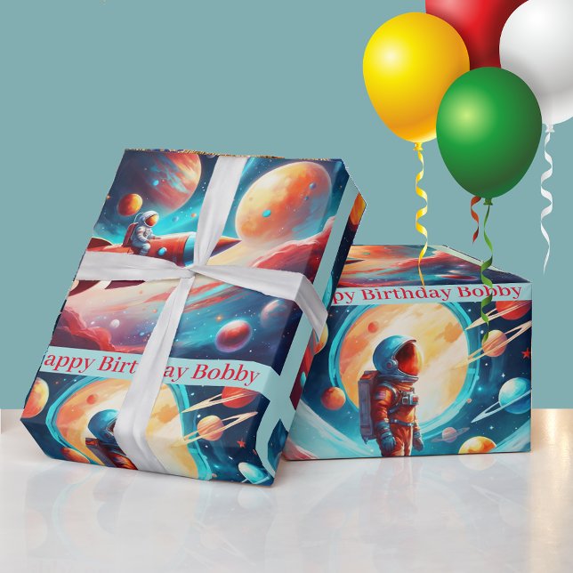 Astronaut Rocket Planets Boys Birthday Colorful Presentpapper (Skapare uppladdad)
