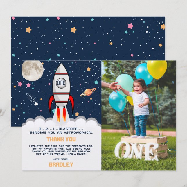 Astronaut Rocket Rymden 1:a födelsedagsfoto Tack Kort (Fram/baksida)