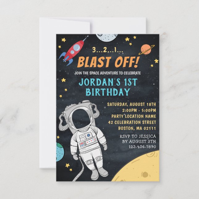 Astronaut Rocket Rymden | Första födelsedag Inbjudningar (Framsida)