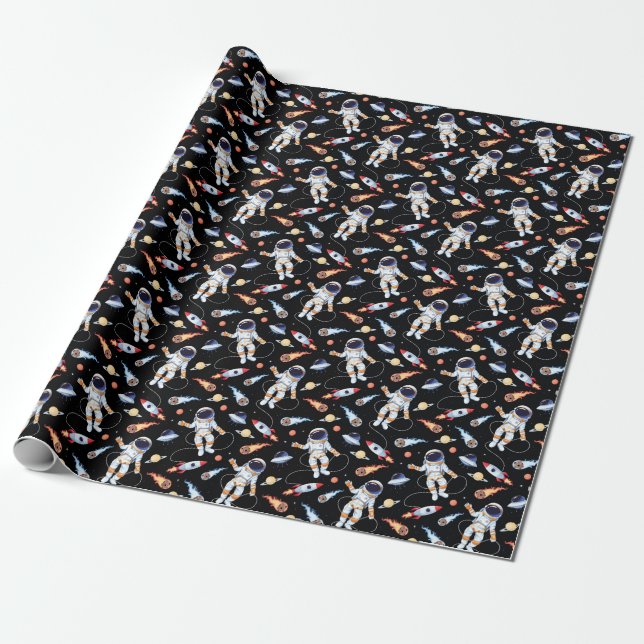 Astronaut Rocket: Vintage Space Seamless Mönster Presentpapper (Utrullad)