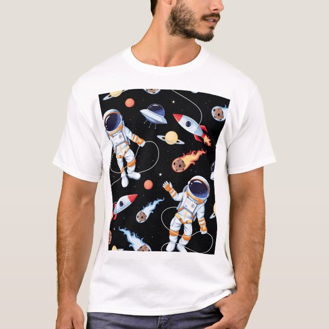 Astronaut Rocket: Vintage Space Seamless Mönster T Shirt (Framsida)
