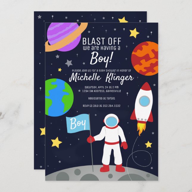Astronaut Rymden Baby Shower-inbjudan Spara Datumet (Fram/baksida)